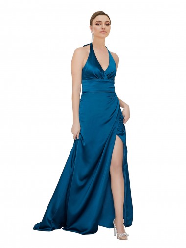 Outlet Silky Satin Halter Neck Sleeveless Open Back Long Formal Evening Gown