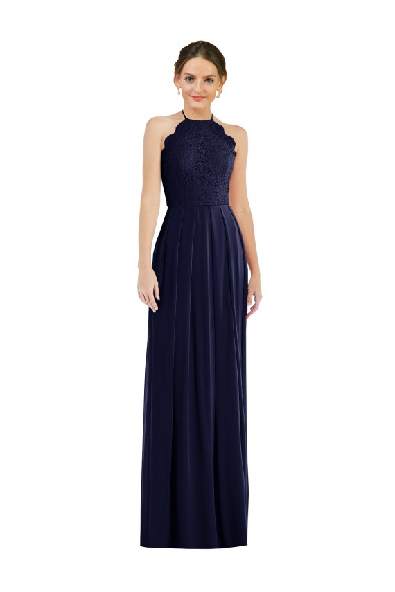 Outlet Soft Chiffon Halter Neck Sleeveless Open Back Dark Navy Long Semi Formal Evening Dress