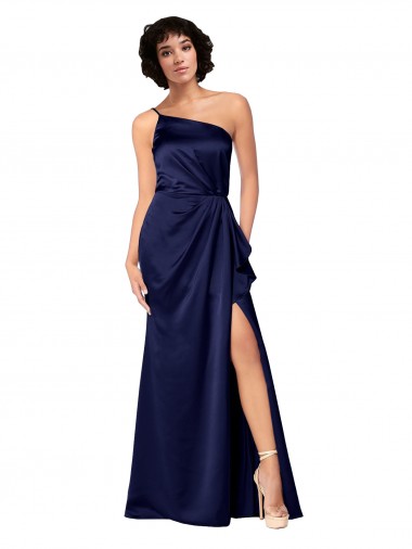 Outlet Silky Satin One Shoulder Sleeveless Sapphire Long Black Tie Evening Dress