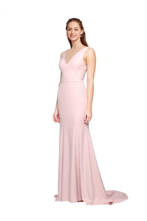 Outlet Stretch Crepe V-Neck Sleeveless V-Back Pink Sweep Train Black Tie Evening Dress