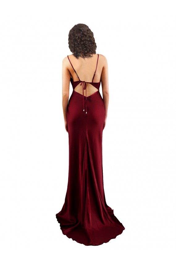 Outlet Silky Satin Cowl Neck Sleeveless Open Back Burgundy Long Formal Evening Dress