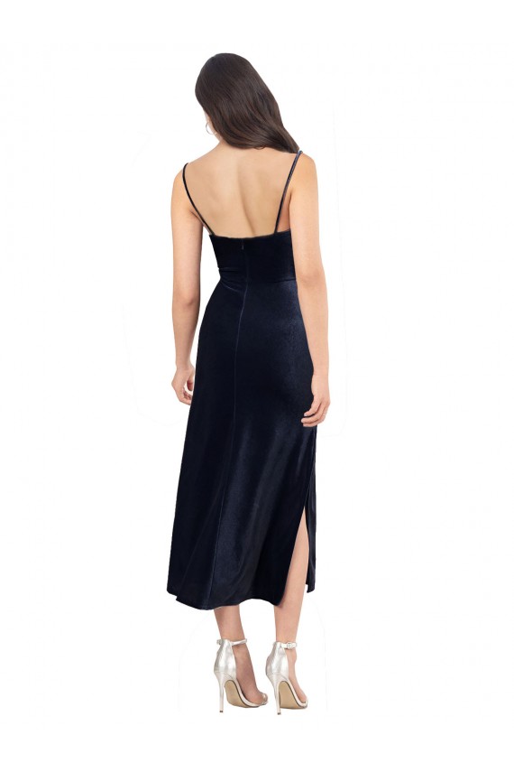 Outlet Stretch Velvet Cowl Neck Sleeveless Low Back Midi Length Formal Evening Dress