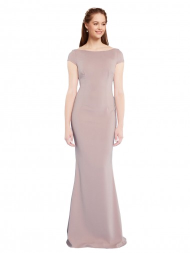 Outlet Stretch Crepe Boat Neck Cap Sleeves Tie Back Long Formal Evening Dress