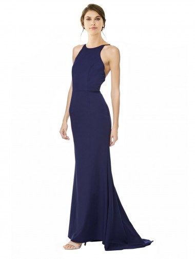 Outlet Stretch Crepe Halter Neck Sleeveless Open Back Navy Blue Long Formal Evening Dress