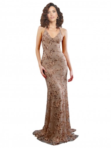 Outlet Stretch Crepe & Sequin Tulle V-Neck Sleeveless Open Back Rose Gold Long Formal Evening Dress
