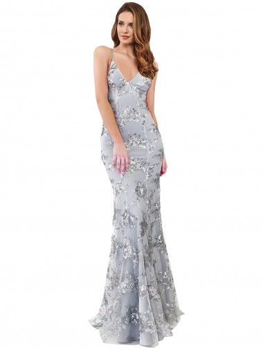 Outlet Stretch Crepe & Sequin Tulle V-Neck Sleeveless Open Back Silver Long Formal Evening Dress