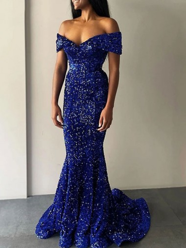 Outlet Velvet Sequin Off the Shoulder Sleeveless Sweep Train Evening Dresses