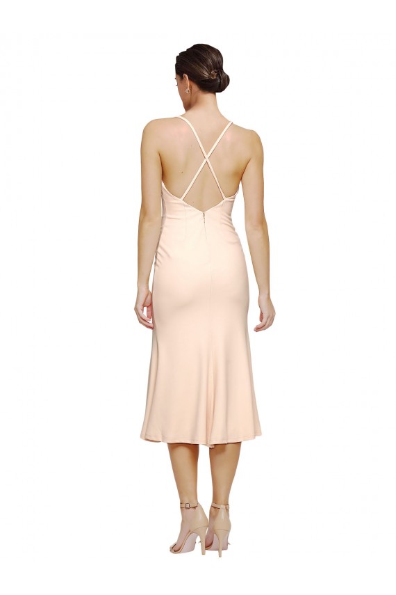 Outlet Stretch Crepe V-Neck Sleeveless Open Back Midi Length Evening Dress