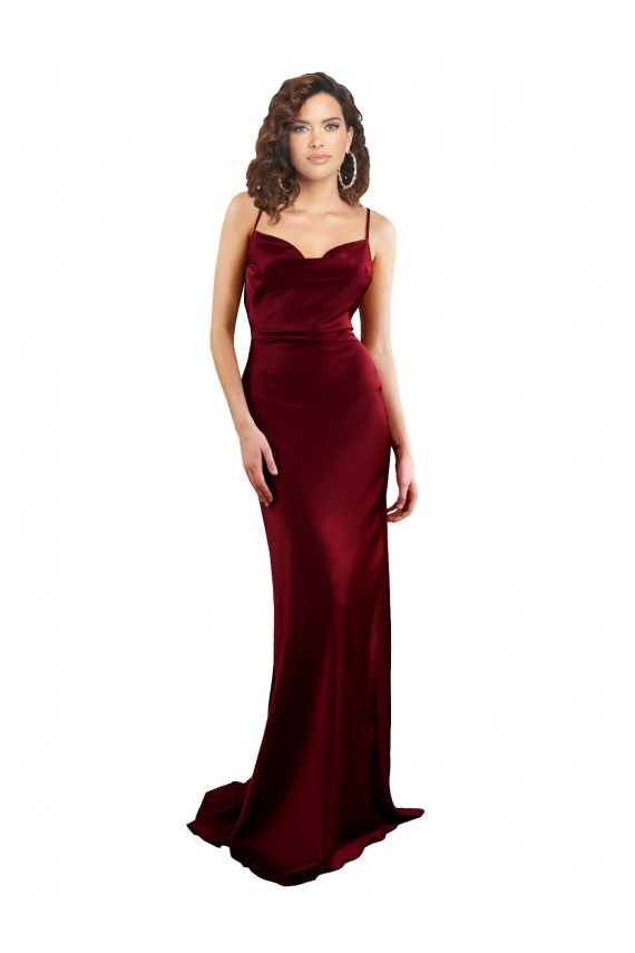 Outlet Silky Satin Cowl Neck Sleeveless Open Back Burgundy Long Formal Evening Dress