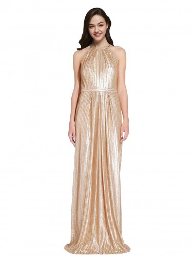 Outlet Sequin Halter Neck Sleeveless Gold Long Formal Evening Dress