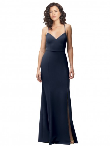 Outlet Stretch Crepe Spaghetti Straps Sleeveless Open Back Dark Navy Long Formal Evening Dress