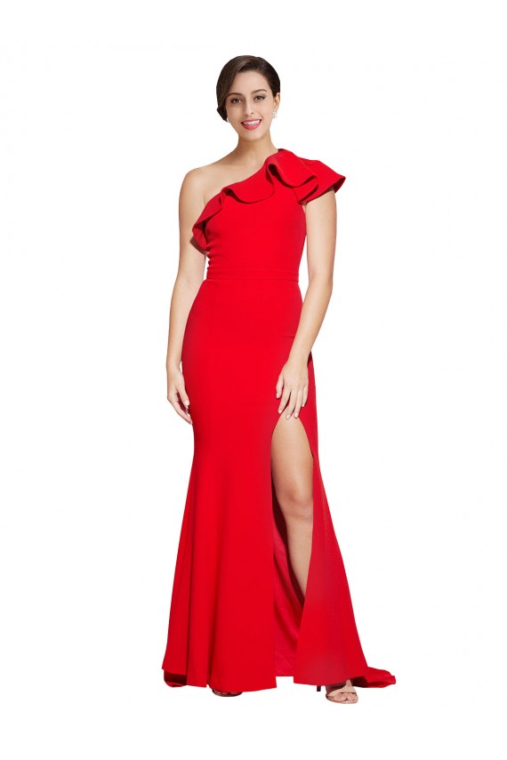 Outlet Stretch Crepe One Shoulder Sleeveless Red Sweep Train Semi Formal Evening Dress