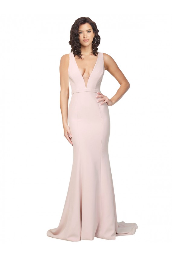Outlet Stretch Crepe V-Neck Sleeveless V-Back Sweep Train Black Tie Evening Dress